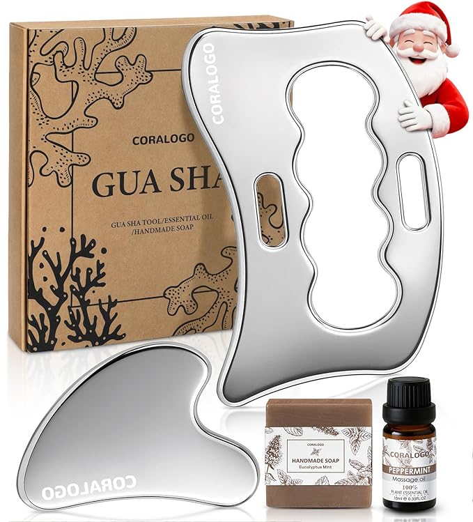 Coralogo Stainless Steel Gua Sha Tools - 4pc Skin Care Tools Set with Gua Sha Oil, Soap, Muscle Scraper for Face Massaging Body Relaxing, Self Care Gift for Christmas Birthday Valentine's Day