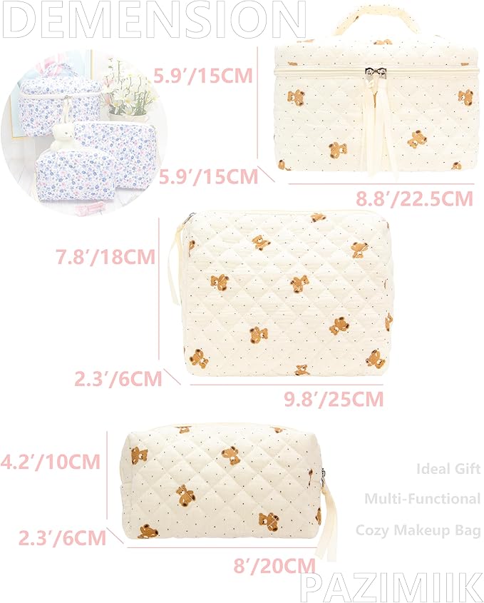 PAZIMIIK 3PCS Makeup Bag SET Large Travel Quilted Zipper Soft Cosmetic Case Pouch for Women Girls Make Up, Gauze Bear