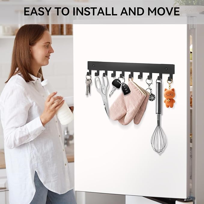 Magnetic Key Holder for Frideg,Heavy Duty Strong Magnetic Key Hanger with 10 Hooks for Refrigerator,Magnetic Key Holder Wall Mount for Metal Surface in Entryway,Garage,Pantry,Washing Machine