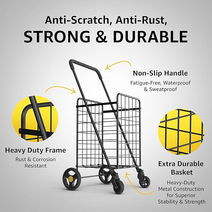 Our Modern Space Shopping Cart & 360° Swivel Wheels | Foldable Collapsible & Lightweight | Perfect for Groceries Laundry Utility Cart - Silver