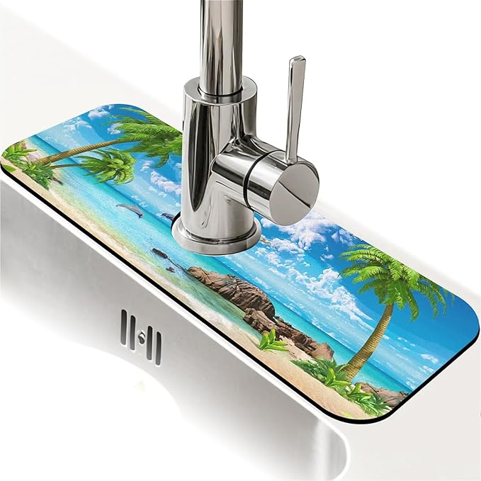 Kitchen Sink Splash Guard, Summer Coconut Beach Dolphins Faucet Mat Sink Gadgets - Super Absorbent Fast Drying Mat Drip Catcher for Kitchen, Bathroom, Sink Mat, Dish Drying Mat, Bathroom (15" X 5.5")