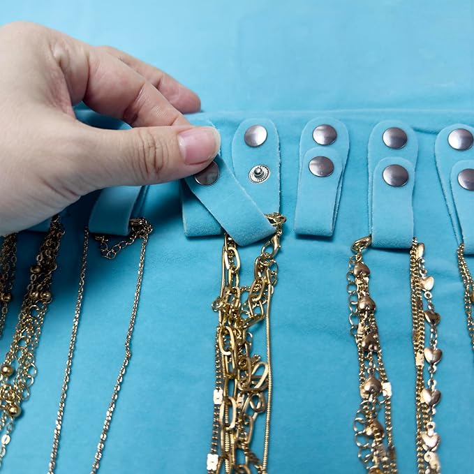 UnionPlus Velvet Travel Jewelry Roll Bag Organizer for Necklaces Bracelets, Extra Large Black with Elastic Band for Necklaces Only, River Blue