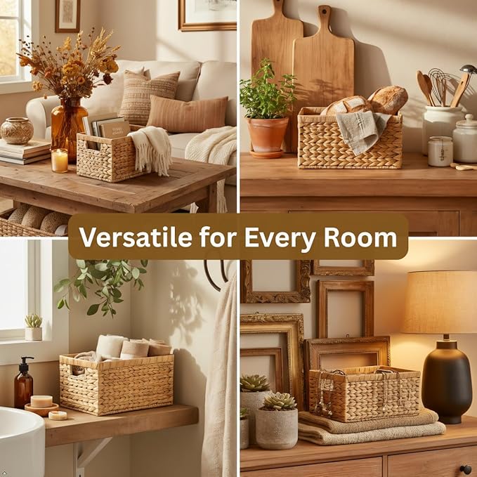 SODAANUS Water Hyacinth Storage Baskets Set of 2 - Medium Decorative Wicker Baskets for Organizing Shelves, Rectangular Woven Storage Bins with Handles for Pantry, Bathroom, Living Room 13"x9"x7"