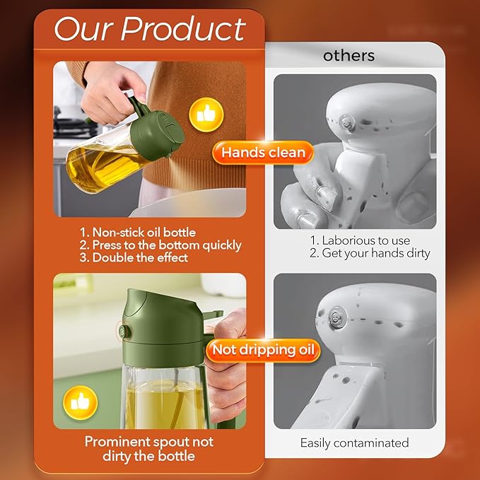 YARRAMATE 16oz/470ml Glass Olive Oil Sprayer for Cooking with Stickers, 2 in 1 Oil Dispenser for Kitchen Gadgets, Food Grade Premium Spray Bottle with Portion Control for Salad, BBQ (OliveGreen)
