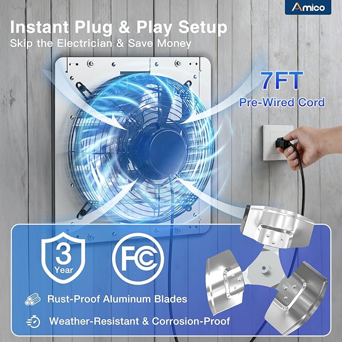 Amico 12 Inch Shutter Exhaust Fan with Remote,Energy Efficient &Quiet 25W DC Motor 1200 CFM Wall Mount Ventilation Fan for Garage,Greenhouse,Attic&Chicken Coop,9-Speed Adjustable,Plug In,Timer,FCC