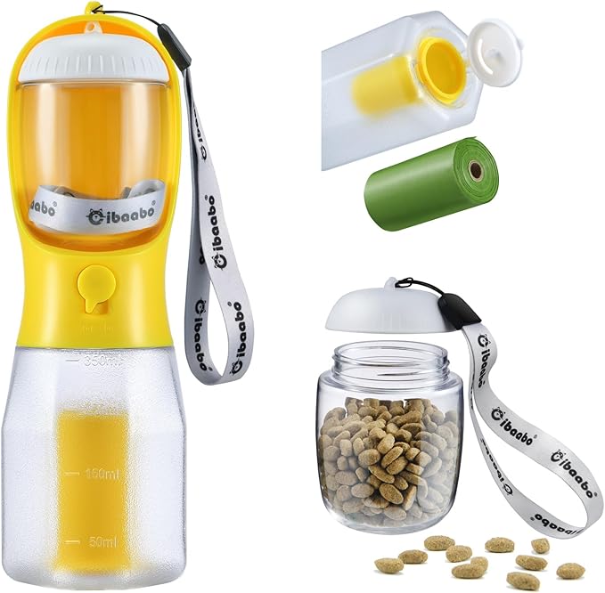 Dog Water Bottle with Food Container & Poop Bag Holder, Travel Water Bowl, Portable Pet Dispenser, Dog Gifts Stuff Accessories Items, Puppy Essentials for Yorkie Chihuahua Walking Hiking