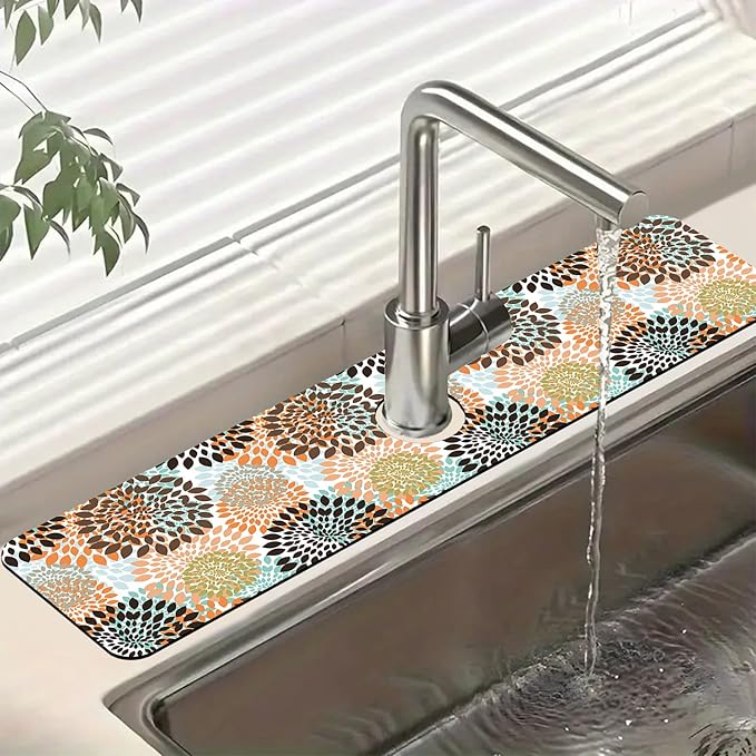 Vintage Flowers Sink Splash Guard Abstract Floral Faucet Absorbing Mat Fast Drying Mat Sink Gadgets Splash Guard Behind Faucet Drip Catcher for Kitchen Bathroom, 23.5"x5.5"