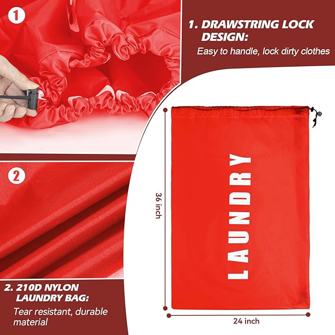 Isink Heavy Duty Laundry Bag with Strap, 2 Pack Travel Laundry Bags for Dirty Clothes, 24" x 36" Large Laundry Bag for Traveling, Camping, Dorm (Black + Red)