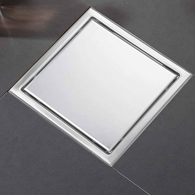 4 Inch Square Shower Floor Drain, Shower Drain Kit with Flange and 2 in 1 Tile-Insert Cover, Square Shower Drain, SUS 304 Stainless Steel Floor Drain,Silver