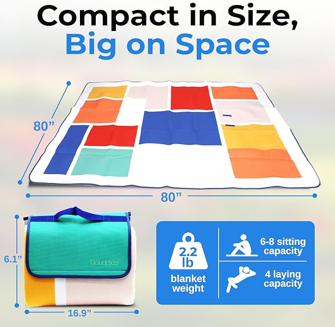 scuddles Extra Large Picnic Blanket – 79" x 59" Waterproof Outdoor Mat with 3-Layer Comfort Design, Easy Fold & Carry Strap for Beach, Camping, Hiking, Park & Family Fun