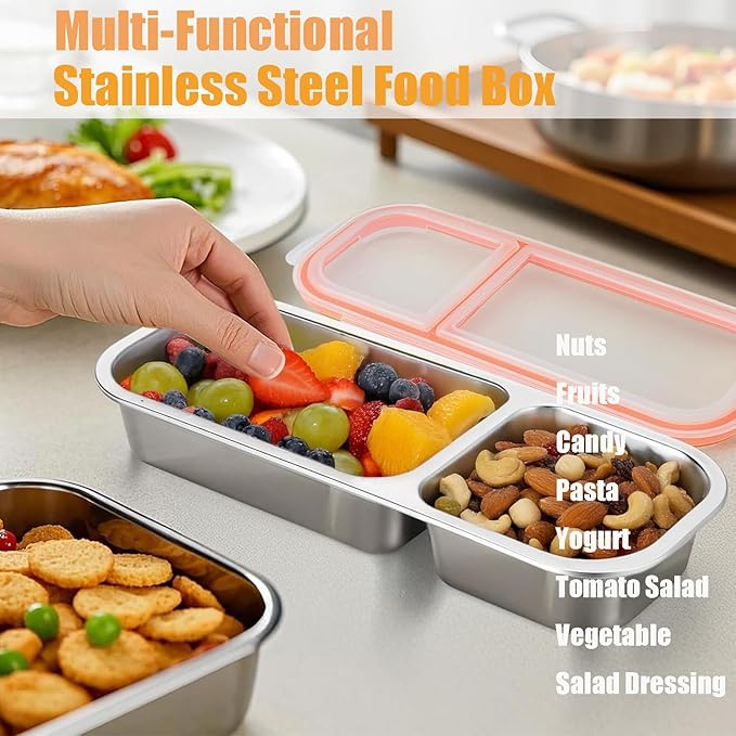 1PC 2 Compartment Grab and Go Snack Containers with Spoon Fork, Reusable Stainless Steel Snack Containers with Lids, Double Compartment Condiment Container for Travel and Outdoor Camping (1)