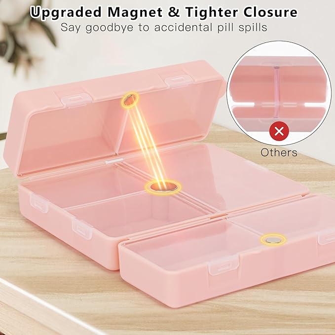 FYY Daily Pill Organizer,7 Compartments Portable Travel Pill Case [Folding Design] Pill Box for Purse Pocket to Hold Vitamins,Cod Liver Oil,Supplements and Medication-Rosegold