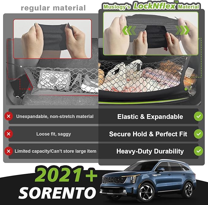 Muslogy Envelope Style Trunk Cargo Net Compatible with 2021-2024 2025 Kia Sorento Accessories Custom Fit Trunk Organizer Upgraded Mesh Storage Luggage Net with Metal Hooks