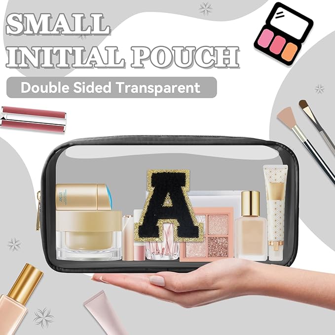 Small Clear Personalized Initial Makeup Bag,Nylon Preppy A-Z Chenille Letter Patch Cosmetic Pouch Beach Toiletry Bag,Waterproof Zipper Travel Purse Storage Bag Organizer for Women Girls(Black-Black A)