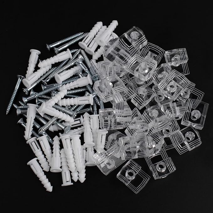 Mirror Holder Kit - 22 Crystal Clear Plastic Clips, Glass Retainer Clips, Hanging Kit with Screws and Fixed Mirror Box Door