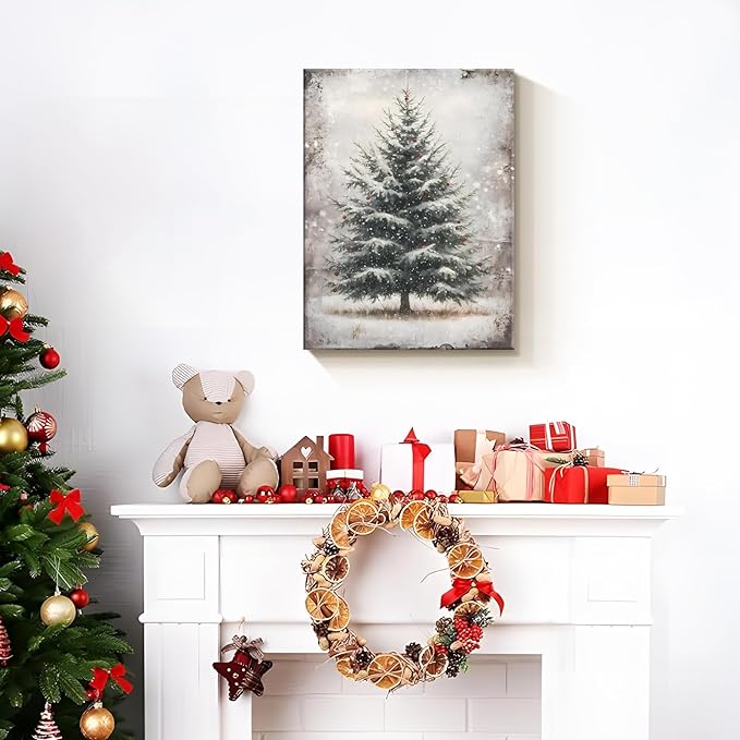 Vintage Christmas Wall Art Framed - Pine Tree Pictures Wall Decor, Winter Navidad Painting Decorations for Home Indoor, Rustic Christmas Canvas Prints, Nostalgic Navidad Decorations 16x124 Inch