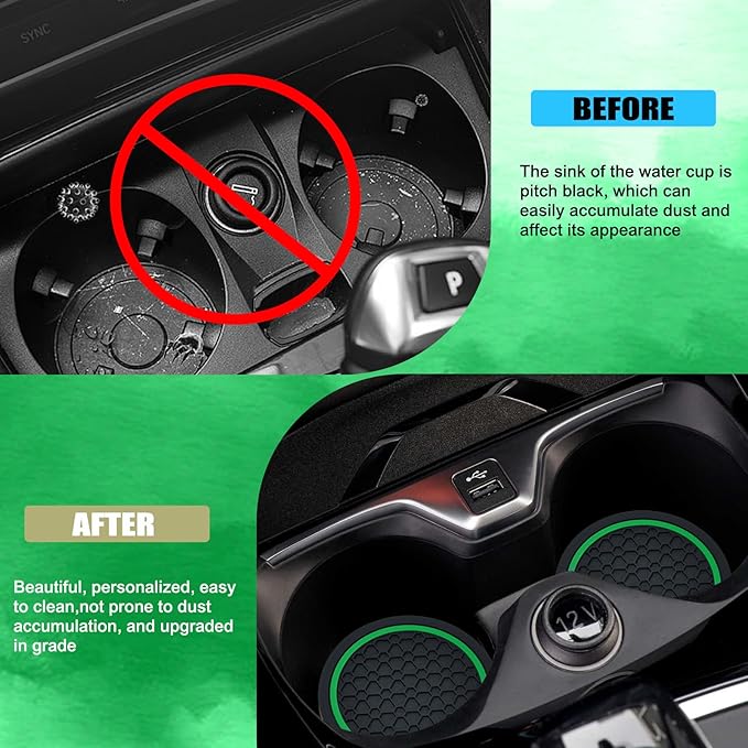 4PCS Car Cup Holder Coasters, 2.75 Inch Non-Slip Insert Cup Holder Pad, Dustproof Automotive Interior Accessories Mat, Universal for Trucks, Vehicles, RVs and More (Black/Green)