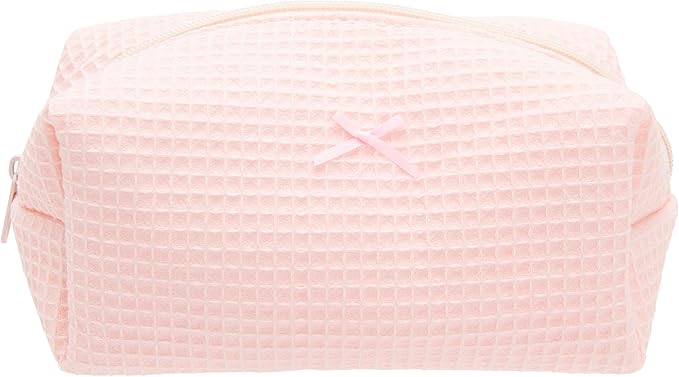 Cozy Makeup Bag Travel Cosmetic Bag for Women Soft Toiletry Bag Aesthetic Makeup Organizer Portable Large Zipper Pouch for Skincare Beauty Accessories Brushes Waffle Check Light Pink