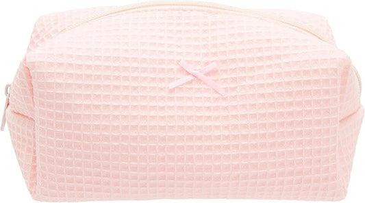 Cozy Makeup Bag Travel Cosmetic Bag for Women Soft Toiletry Bag Aesthetic Makeup Organizer Portable Large Zipper Pouch for Skincare Beauty Accessories Brushes Waffle Check Light Pink