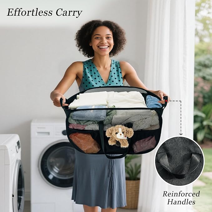 100L Extra Large Mesh Pop Up Hamper with Handles and bag, Upgraded Cationic XL Collapsible Laundry Baskets, Portable Stair Basket, Dirty Clothes Hamper for Cruise Travel Bedroom. Black