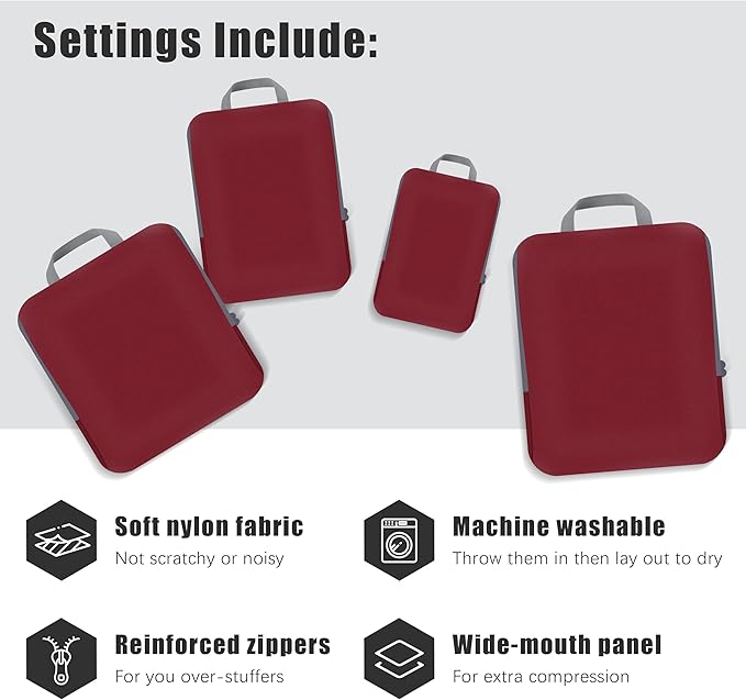 4 Set Compression Packing Cubes Travel - Travel Accessories Expandable Packing Organizers for Carry On - Essentials Luggage Bags - Burgundy