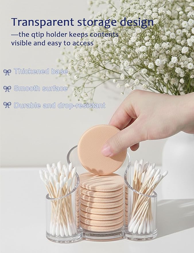 Qtip Holder & Cotton Pad Holder – Clear Open Bathroom Organizer for Vanity Accessories, Small Countertop Storage Box, Cotton Round Dispenser for Dorm & Travel