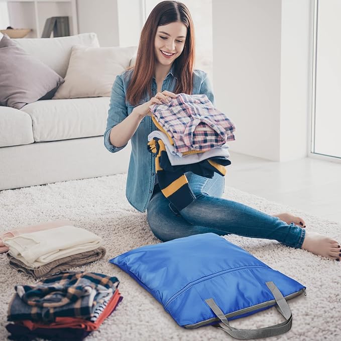 2 Pcs Travel Laundry Bags Waterproof with Handle Dirty Clothes Bag for Traveling Hanging Laundry Hamper with Two Zippered Pockets Washable Reusable for Sports Home Travel College Dorm (Black, Blue)