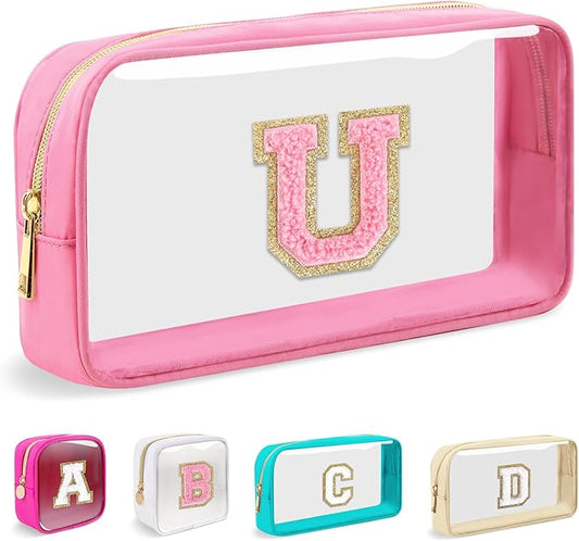 Small Clear Personalized Initial Makeup Bag, Preppy Nylon A-Z Chenille Letter Patch Makeup Organizer TSA Approved Travel Toiletry Bag,Waterproof Zip Beach Cosmetic Pouch Purse for Women(Pink-Pink U)