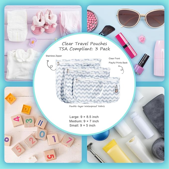 TSA Approved Toiletry Bag, Set of 3 Clear Travel Toiletry Bag Quart Size Zipper Travel Pouch, Waterproof Makeup Cosmetic Bag for Women Men Kids Toiletries Carry on, Wave