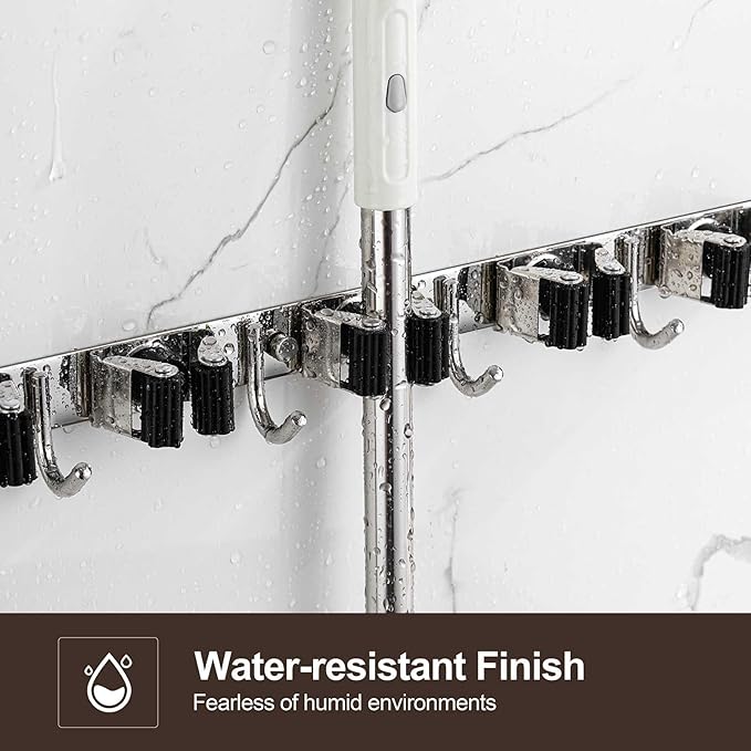 Broom Holder Wall Mount, Stainless Steel Broom Hanger Wall Mount, Heavy Duty Mop and Broom Holder Tool Racks Utility Hooks for Laundry Room Garden Garage, Grey (4 Racks and 5 Hooks)
