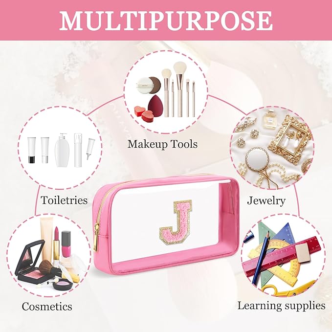 Small Clear Personalized Initial Makeup Bag,Nylon Preppy A-Z Chenille Letter Patch Cosmetic Pouch Beach Toiletry Bag,Waterproof Zipper Travel Purse Storage Bag Organizer for Women Girls(Pink-Pink J)