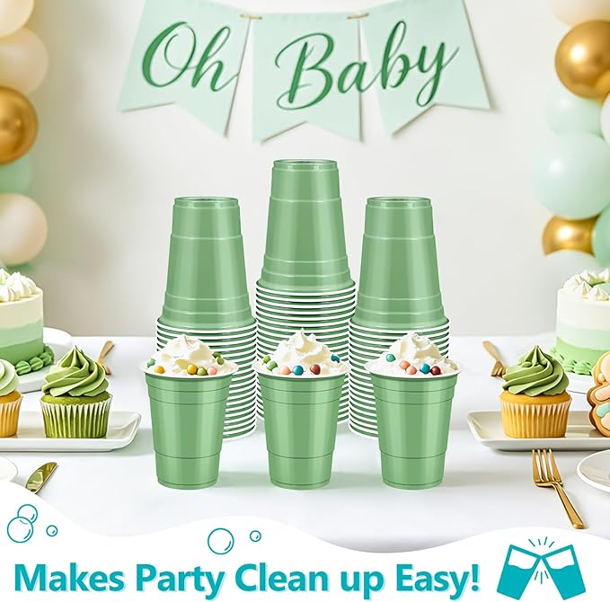 LANLISA 100 Sage Green Plastic Cups, 16 oz Disposable Cups, Drinking Cups For Birthday Party, Baby Shower, Easter Party