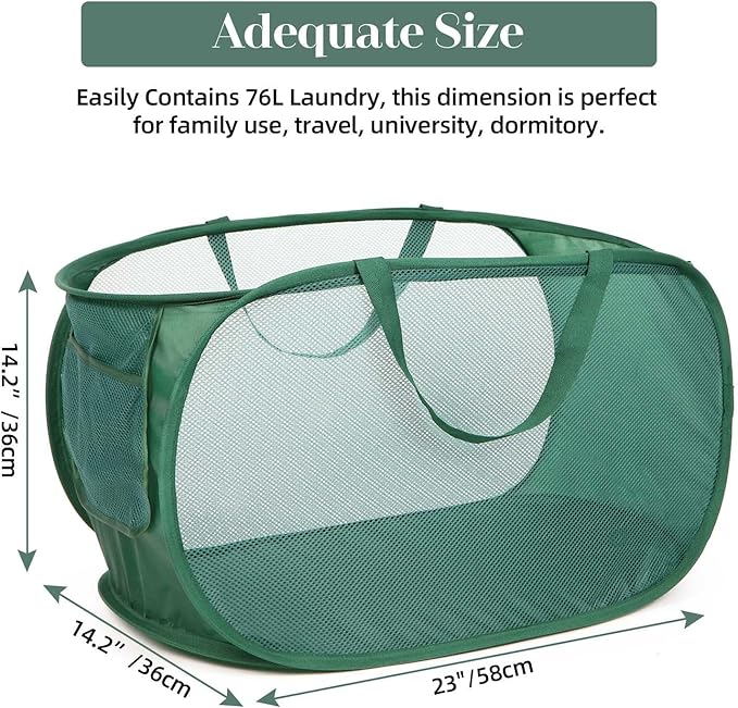 Sturdy Mesh Pop Up Laundry Hamper, Collapsible Laundry Baskets with Side Pocket, Foldable Clothes Hamper with Reinforced Carry Handles for Laundry, Bathroom, Kids Room, Dorm or Travel Emerald