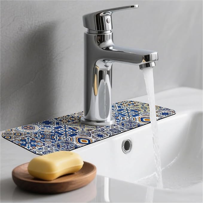 Kitchen Sink Splash Guard，Traditional Moroccan tiles Faucet Mat Sink Gadgets-Super Absorbent Fast Drying Mat Drip Catcher for Kitchen, Bathroom,Sink Mat, Dish Drying Mat, Bathroom(15" X 5.5" )