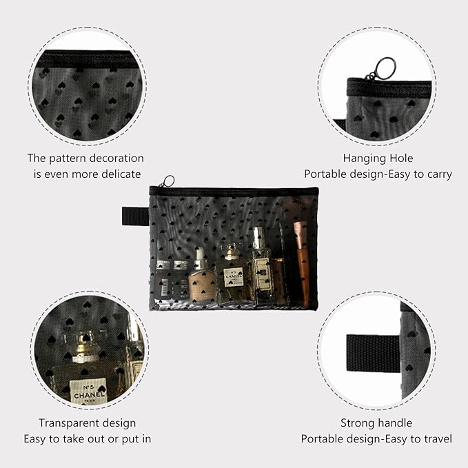 4-Piece Heart Printed Mesh Makeup Bag Set, Portable Travel Mesh Cosmetic Bags Toiletry Bags Makeup Purse Bags Mesh Zipper Storage Pouches for Home Offices Travel Accessories (Black)