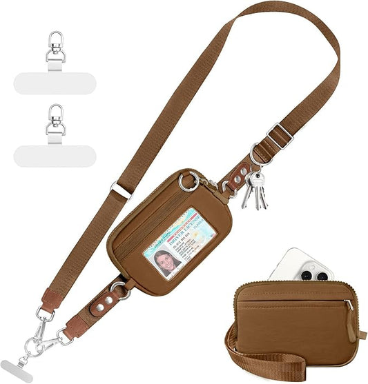 Clip and Go Strap for Phone with Wallet Crossbody Phone Lanyard Adjustable and Detachable RFID Wristlet Wallet with ID Window and Zipper, Brown Large