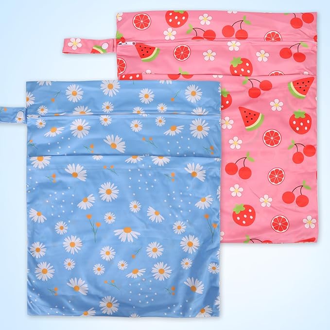 2pcs Travel Waterproof Laundry Bag, Cloth Diaper Wet Dry Bags with Handle & 2 Zipper Pockets, Reusable Washable Dirty Clothes Bag for Baby Adult Travelling Hanging, Bathing Beach Pool Daycare