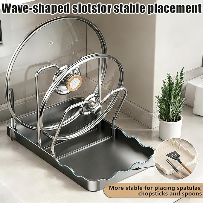 Rottipe Multi-Functional Kitchen Pot Lid Storage Rack - Double Layer Holder for Pots, Cutting Boards, Spoons & Chopsticks - Rust-Resistant Carbon Steel - Black