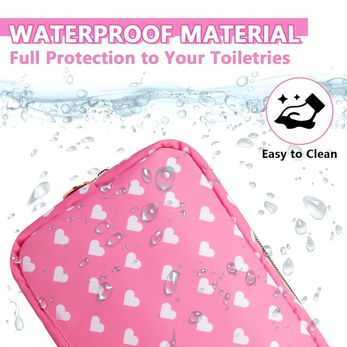 Small Makeup Pouch for Purse，Nylon Travel Toiletry Storage Cute Preppy Cosmetic Bag for Women Girls，Waterproof Makeup Organizer Pouch Skincare Purse with Zipper (Small-Pink Heart)