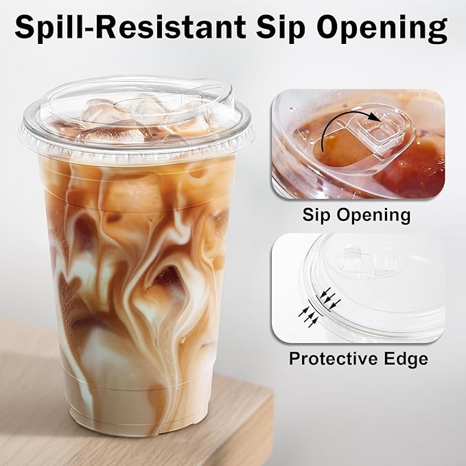 BYSNOW 100 Pack 20 oz Clear Plastic Cups with Lids, Disposable Iced Coffee Cups with Sip Lids, Sturdy Plastic Smoothie Cups for Cold Drinks