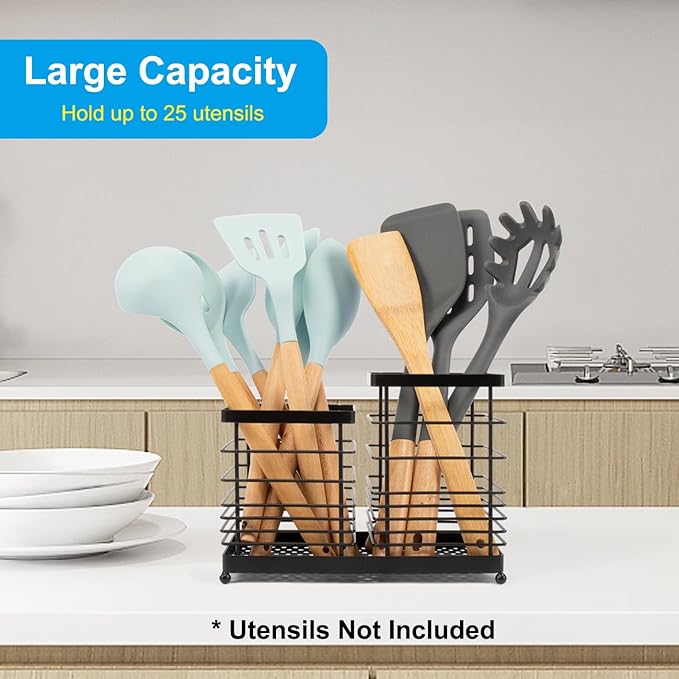 Utensil Holder for Countertop, Stainless Steel Kitchen Holder, 2-In-1 Spoon Spatula Holder for Kitchen Counter, Large Wire Utensils Organizer, Black Cooking Tool Holder Storage Crock (2 Compartment)