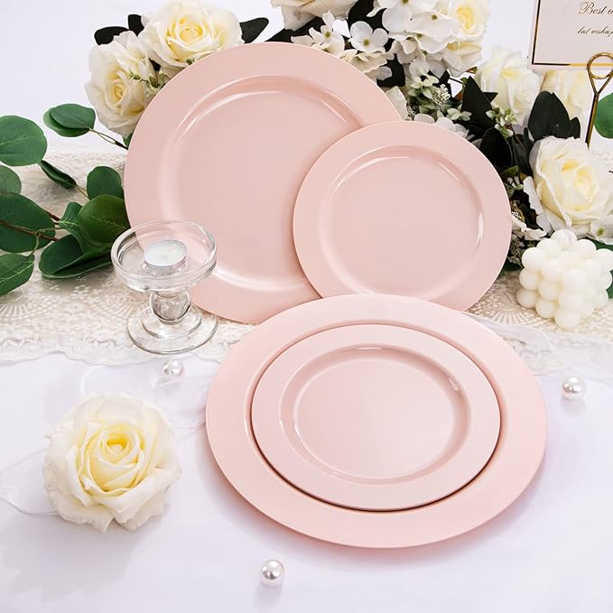 FLOWERCAT 60PCS Pink Plastic Plates - Heavy Duty Pink Plates Disposable for Easter Party&Valentine's Day/Wedding - serving 30 guests Include 30PCS 10.25inch & 30PCS 7.5inch