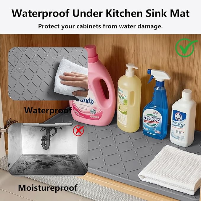 Mateeylife Under Sink Mats for Kitchen Waterproof 22"X19", Undersink Protectors，Silicone Mat Cabinet Liner, Under Sink Organizer for Bathroom and Kitchen，Boot Tray Pet Food Mat, Dark Grey