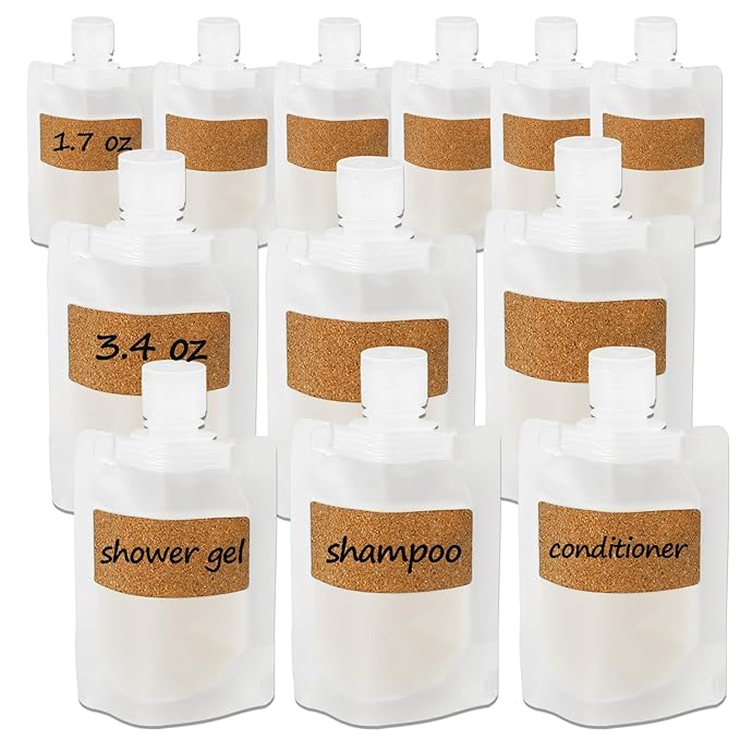 TailaiMei 12 Pieces Travel Pouches for Toiletries, TSA Approved Portable Travel Size, Refillable Stand Up Pouch for Shampoo/Conditioner/Lotion (1.7 & 3.4 oz)