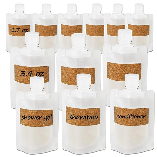 TailaiMei 12 Pieces Travel Pouches for Toiletries, TSA Approved Portable Travel Size, Refillable Stand Up Pouch for Shampoo/Conditioner/Lotion (1.7 & 3.4 oz)