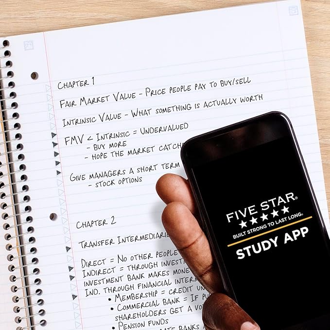 Five Star Spiral Notebook + Study App, 5 Subject, College Ruled Paper, 8-1/2" x 11", 200 Sheets, Fights Ink Bleed, Water Resistant Cover, Fire Red (72077) (Pack of 2)