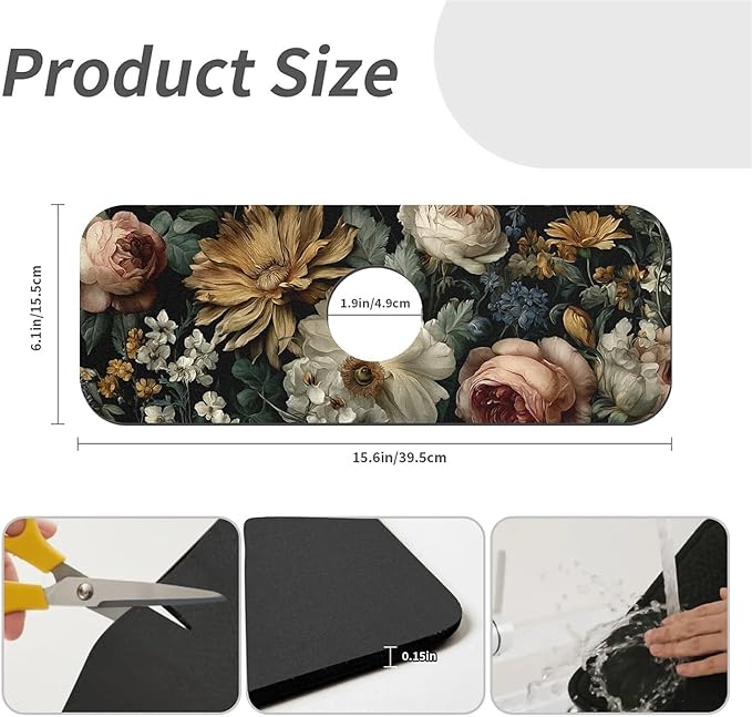 Kitchen Sink Splash Guard, Dark Floral Faucet Mat Sink Gadgets - Super Absorbent Fast Drying Mat Drip Catcher for Kitchen, Bathroom, Sink Mat, Dish Drying Mat, Bathroom (15" X 5.5")