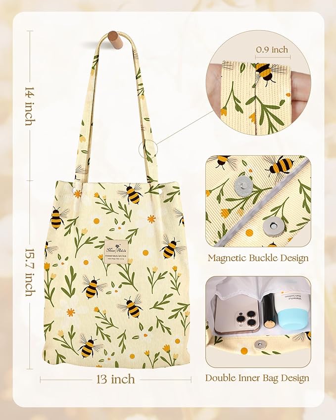 Miss Adola Corduroy Tote Bag for Women - Reusable Totes with Pocket & Buckle Cute Aesthetic Shoulder Bag for Work Travel