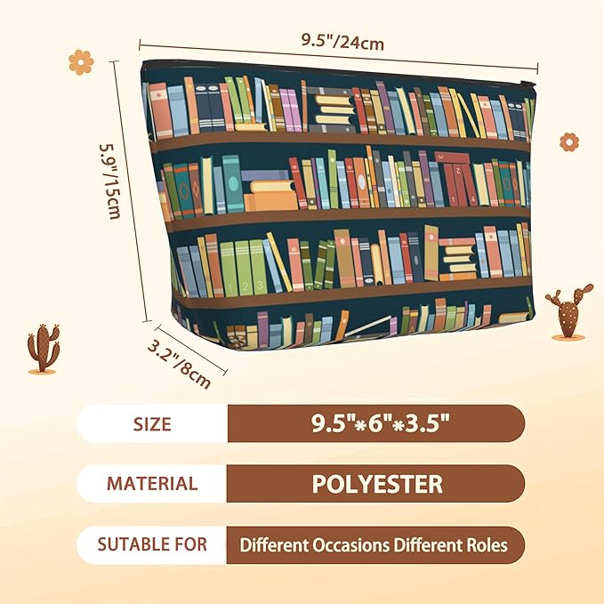 Vintage Bookshelves Makeup Bag Travel Cosmetic Bag for Women,Library Books Small Make up Pouch Travel Bags for Toiletries Aesthetic Accessories Waterproof Gifts