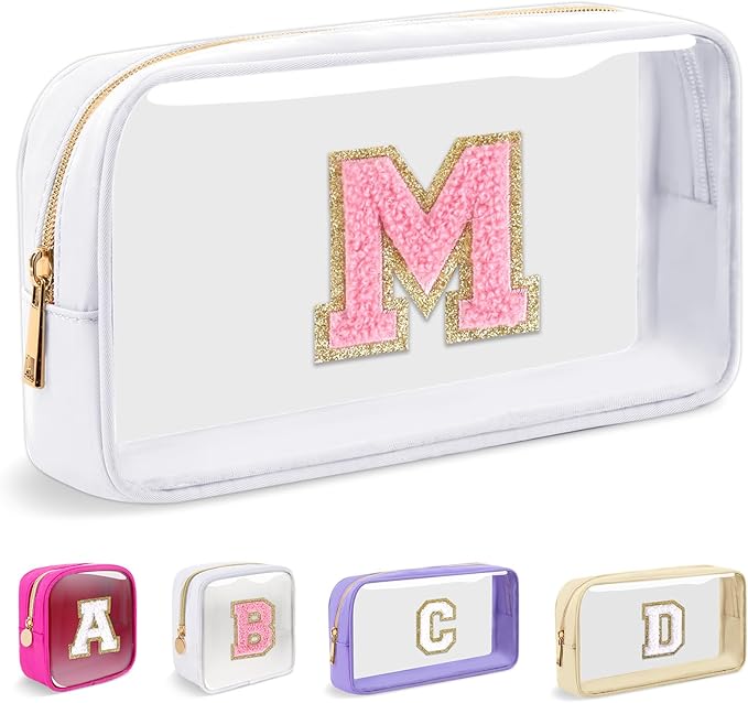 Small Clear Personalized Initial Makeup Bag,Nylon Preppy A-Z Chenille Letter Patch Cosmetic Pouch Beach Toiletry Bag,Waterproof Zipper Travel Purse Storage Bag Organizer for Women Girls(White-Pink M)
